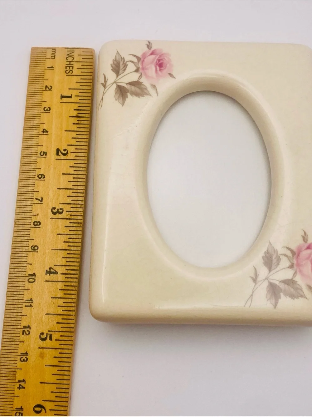 Ceramic Ivory Photo Frame with Pink Rose Accents